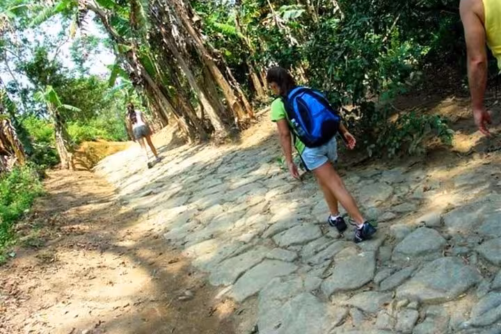 Hikers with backpacks walking along the stone path of the Gold Trail, surrounded by lush green forest in Paraty.