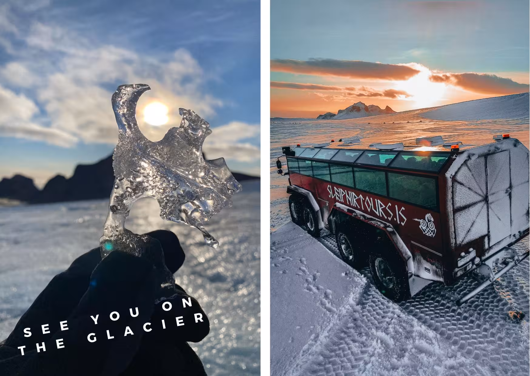 Ice crystal on glacier and Iceland monster truck at sunset on Golden Circle & ice cave tour from Reykjavik