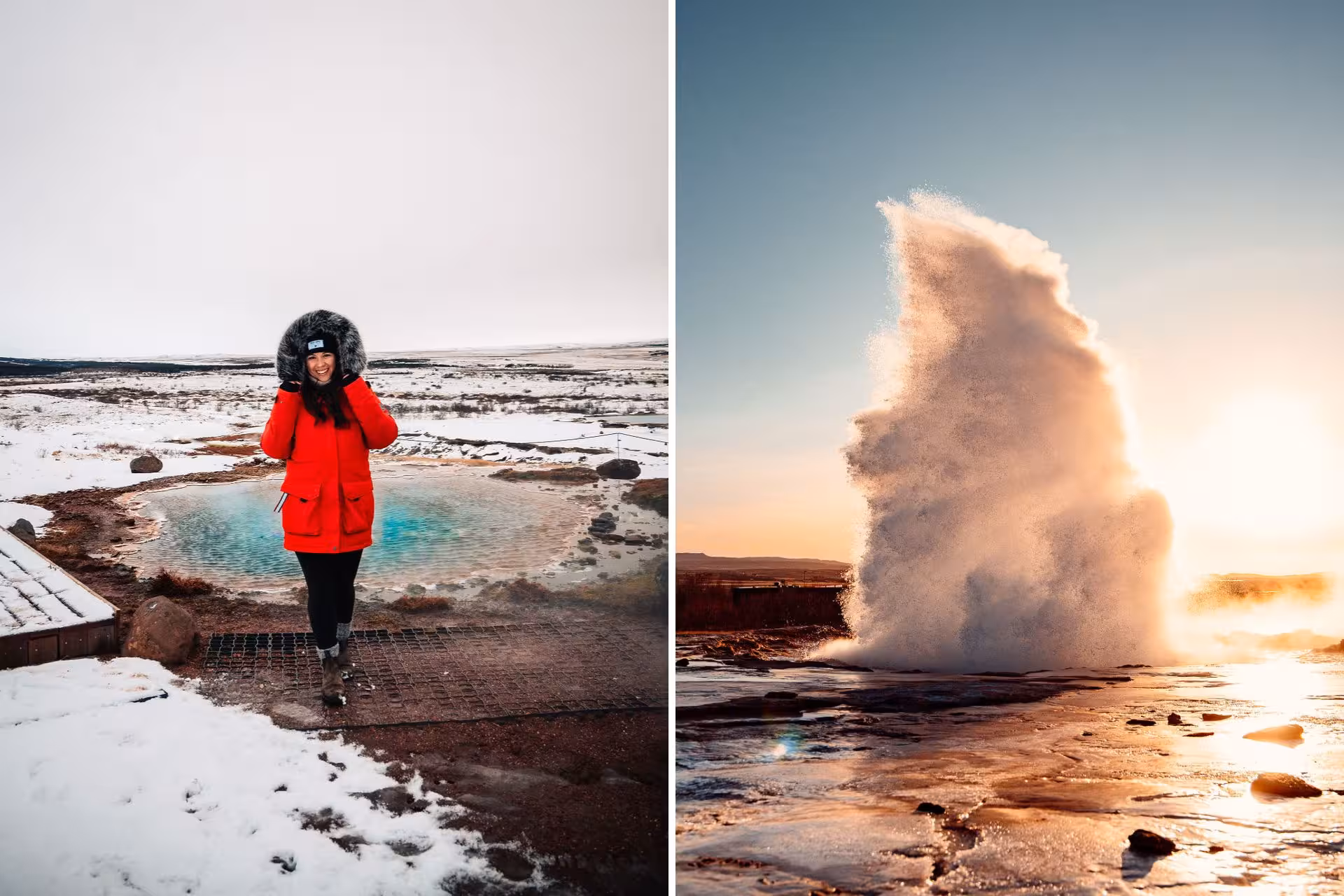 Woman in red coat at geothermal hot spring and Strokkur geyser erupting on Iceland Golden Circle tour