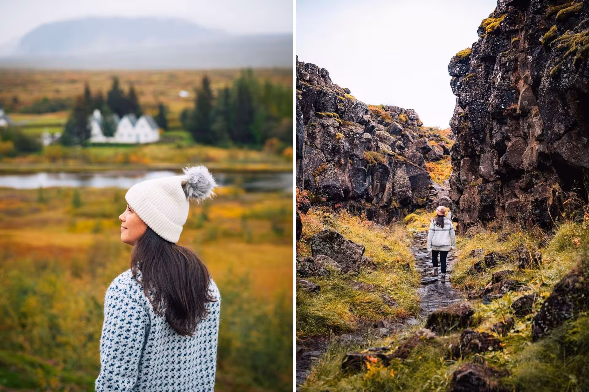 Woman in white beanie overlooking Iceland's Golden Circle autumn landscape and hiking through rocky canyon