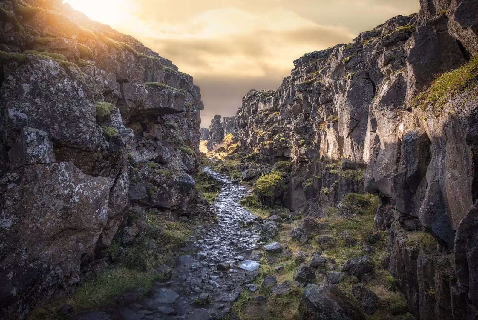 Rocky canyon path with golden sunset light at Þingvellir National Park, Iceland