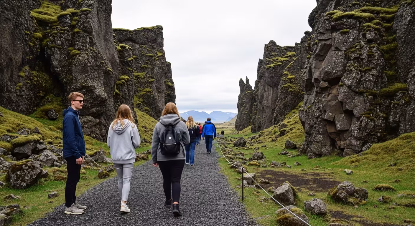 A path winds through a dramatic rock gorge at Þingvellir National Park, showcasing the divide between tectonic plates.