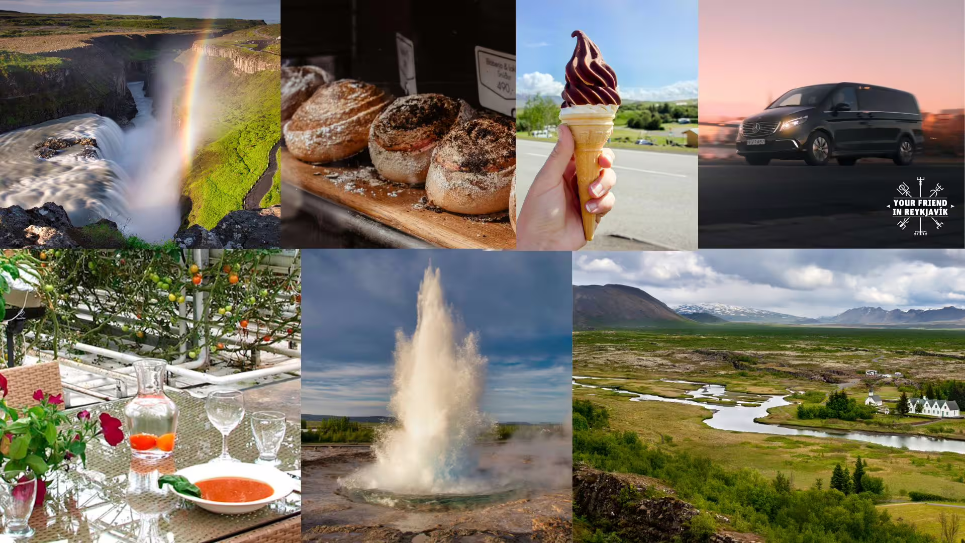 Collage of Golden Circle highlights: Gullfoss waterfall, geysir eruption, Þingvellir valley, artisan bread, chocolate soft serve ice cream, geothermal greenhouse dining, and luxury Mercedes van