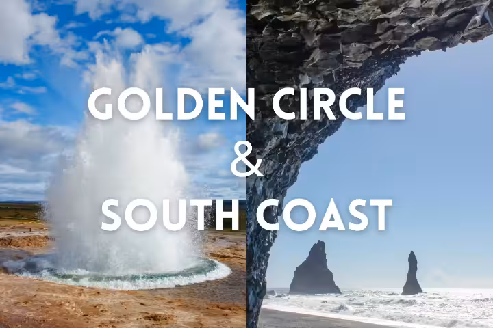 Golden Circle and South Coast tour collage with Geysir eruption and Reynisdrangar sea stacks, Iceland