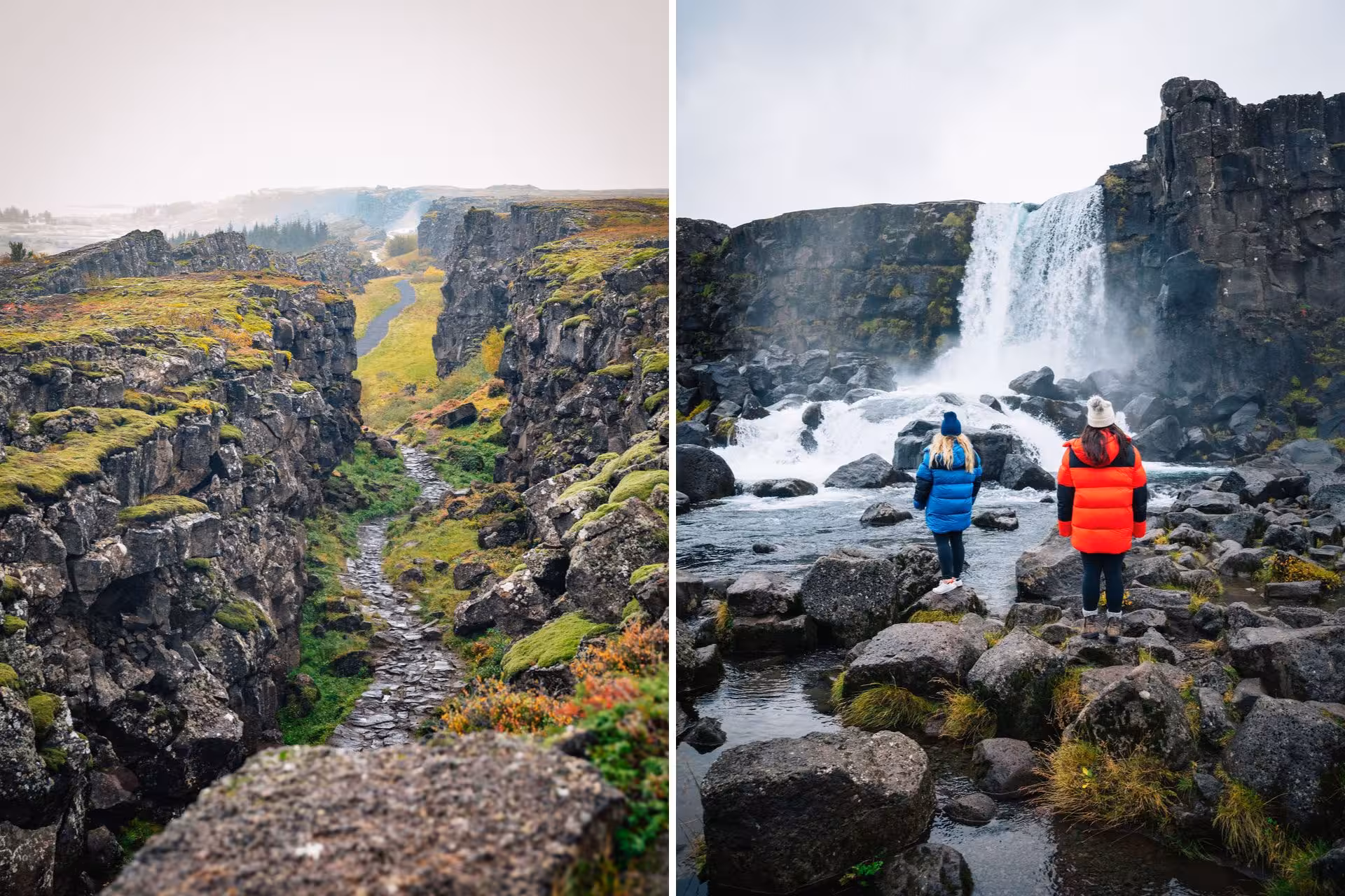 Þingvellir tectonic rift canyon and Öxará waterfall with two tourists on Iceland's Golden Circle tour