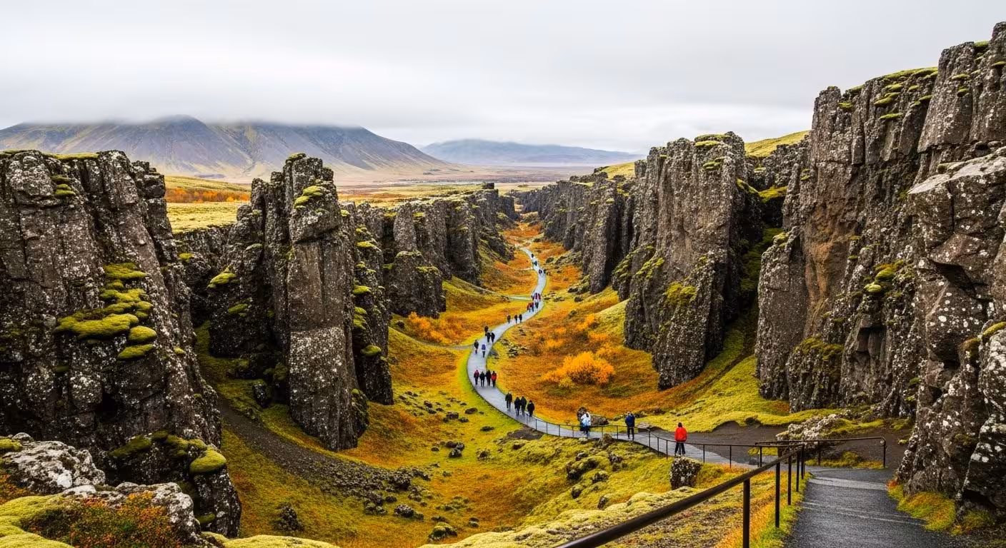 A scenic view of the rift valley at Þingvellir National Park, with a path winding between the tall, rocky cliffs.