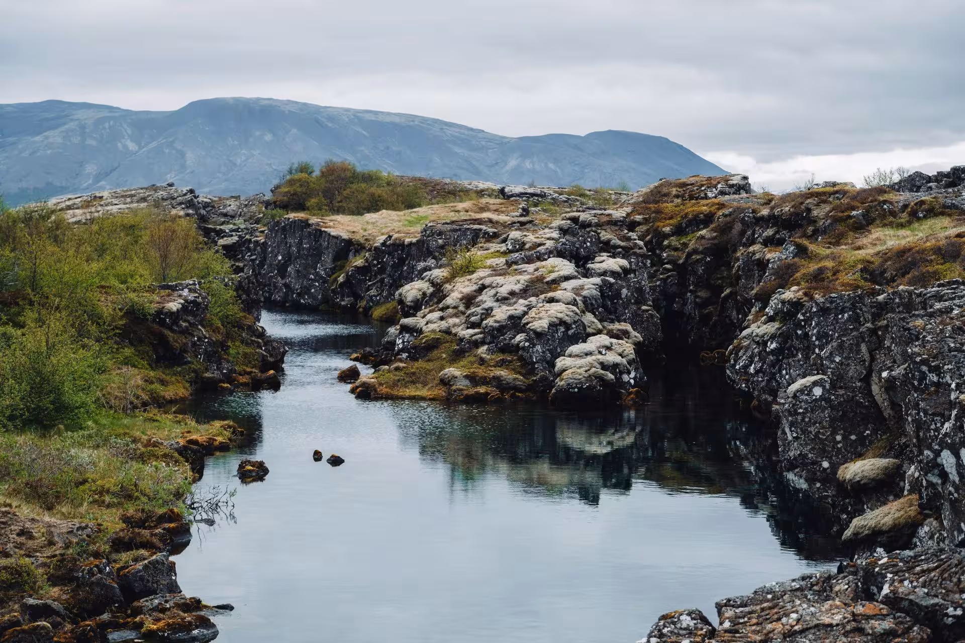 Crystal clear water flowing through volcanic rock fissure at Þingvellir National Park, Iceland, with mountains in background
