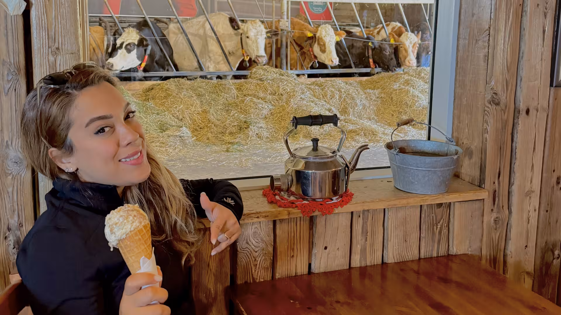 Woman enjoying ice cream inside a farm café, with cows visible through the window, part of the Golden Circle experience.