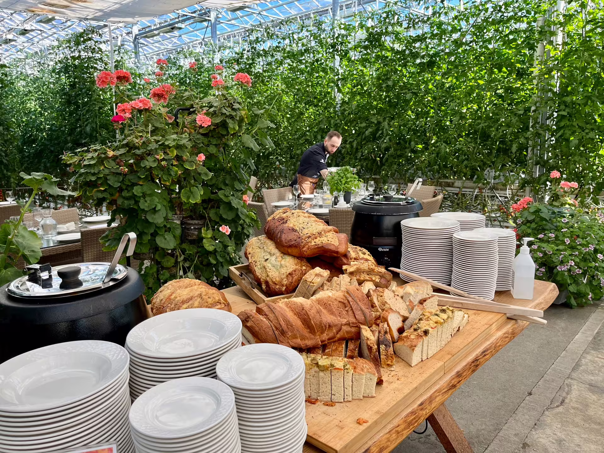 Bread buffet spread on wooden table inside a greenhouse restaurant in Iceland