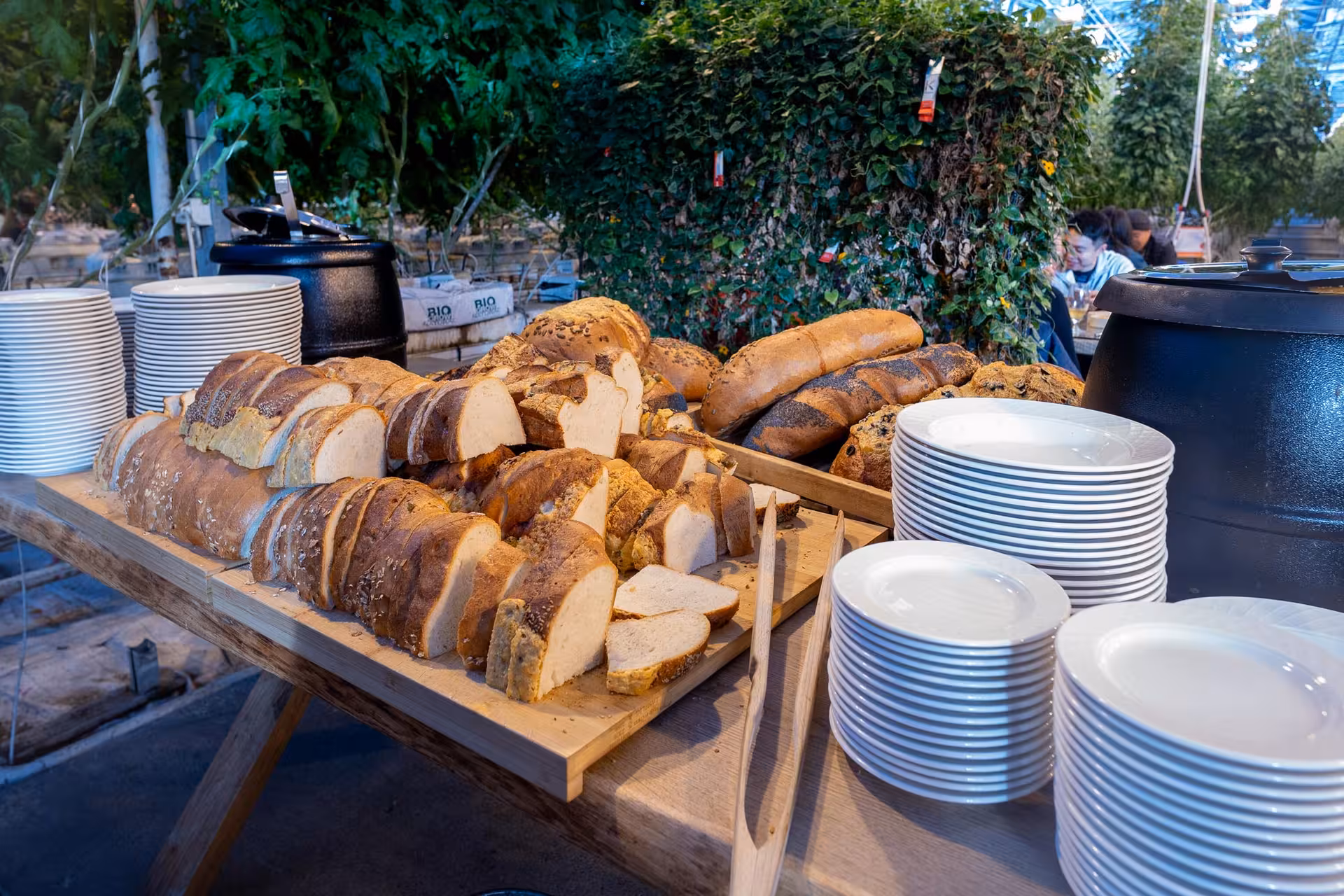 Assorted sliced artisan breads on wooden board with white plates at Golden Circle tour lunch buffet