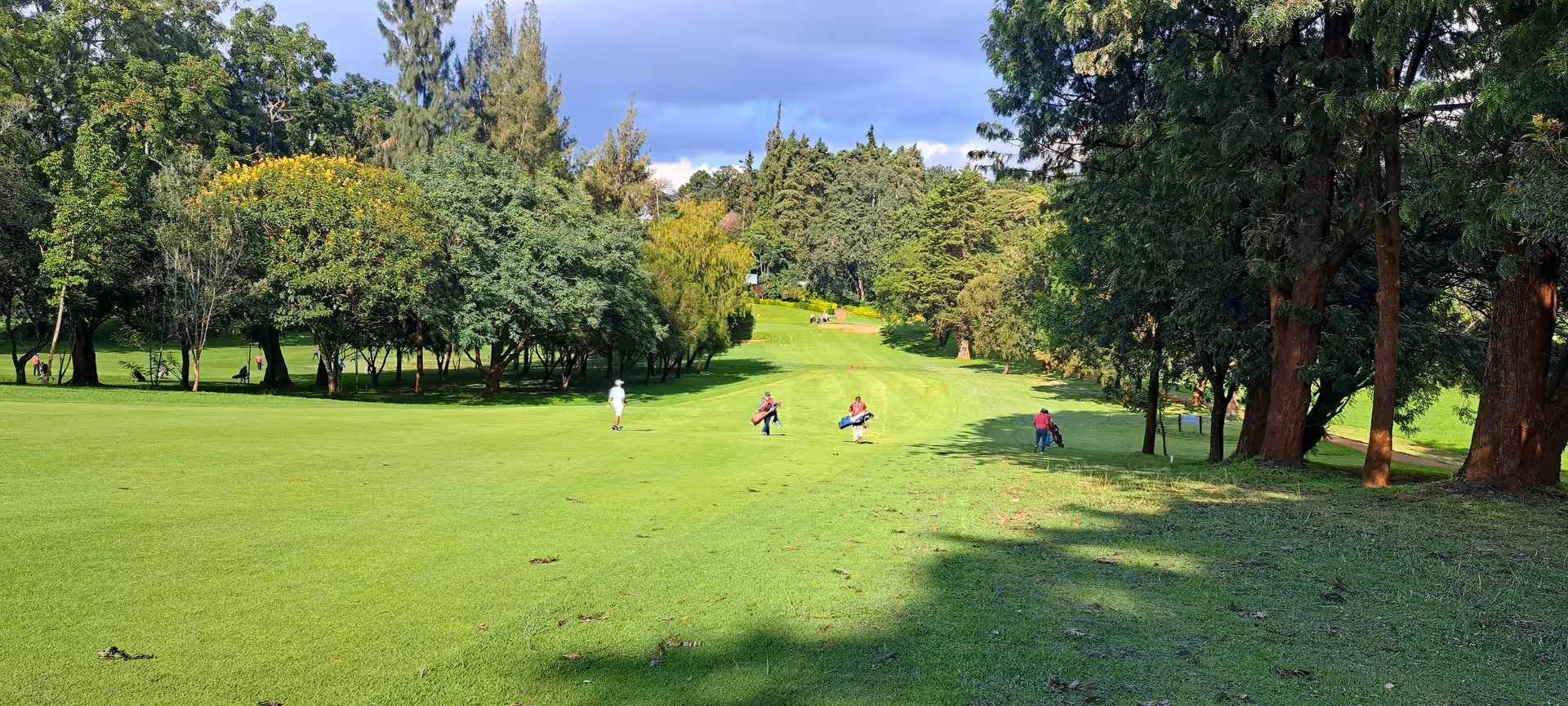 Golfers enjoying a lush green course surrounded by trees, ideal for a scenic golf experience in the Great Rift Valley.