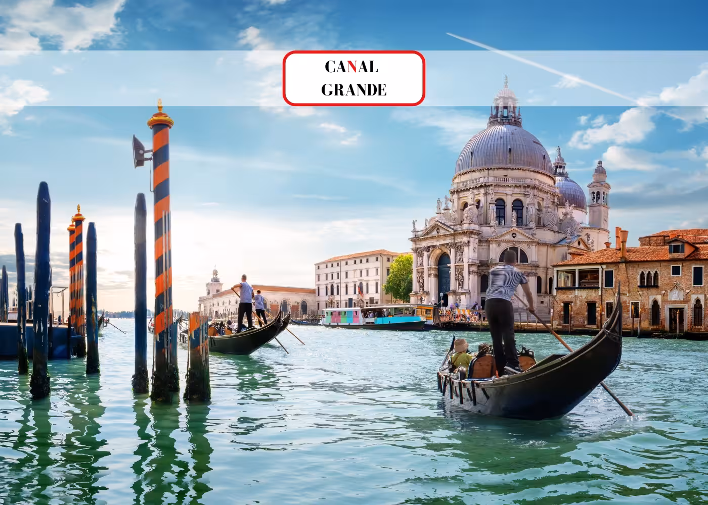 Gondolas glide through the Grand Canal in Venice, Italy, offering scenic views of iconic architecture and waterways.