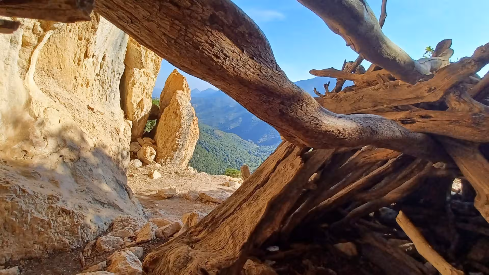 Cave entrance with rustic wooden structure offering breathtaking views of Gorropu canyon's natural beauty.