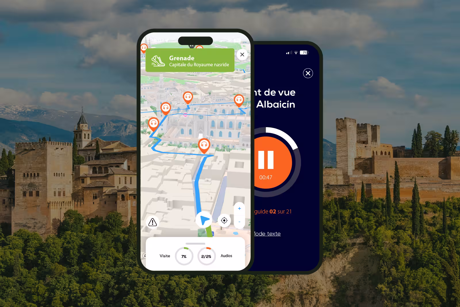 Interface mobile application audioguide Granada on smartphone with a view of the Alhambra in the background.