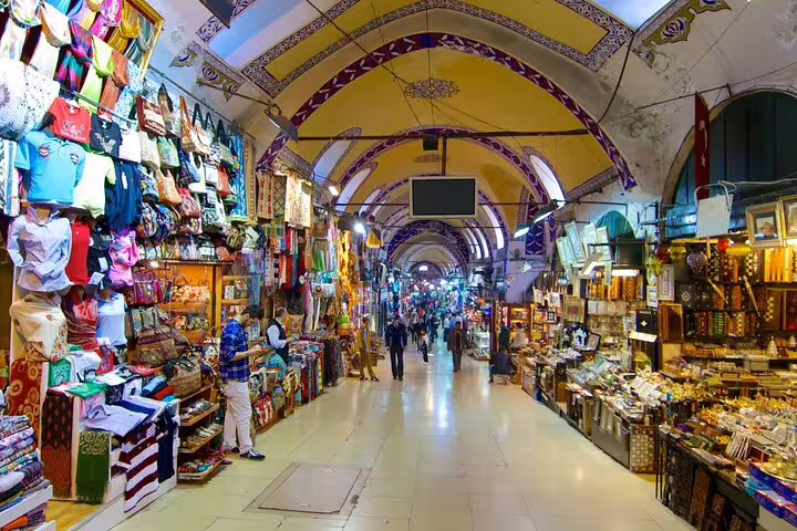Grand Bazaar Istanbul interior with colorful stalls and souvenirs on private 6-hour guided shopping tour