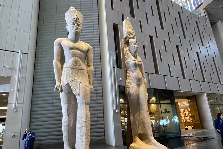 Colossal statues inside the Grand Egyptian Museum, Cairo, on a private tour with guide and transfers