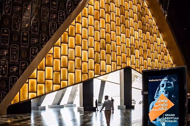 Grand Egyptian Museum entrance atrium in Giza, a highlight of private pyramids and Sphinx guided tour