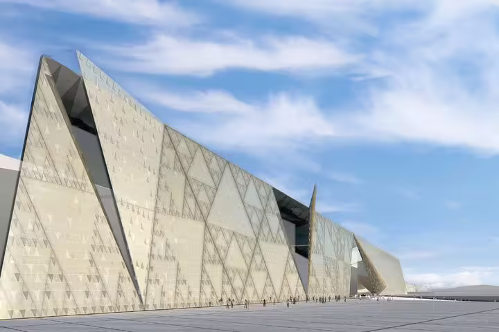 Modern Grand Egyptian Museum exterior near Giza, key stop on the Port Said day trip to pyramids and GEM