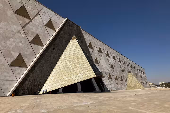 Grand Egyptian Museum exterior in Giza with pyramid-inspired entrance, included on VIP Giza highlights tour