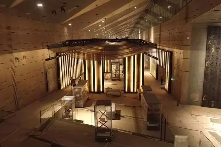 Grand Egyptian Museum interior gallery in Giza, highlight stop on Alexandria Port pyramids and GEM tour