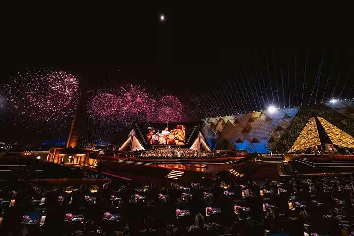 Night show at Grand Egyptian Museum in Cairo with fireworks, a highlight on Sharm El Sheikh day trip