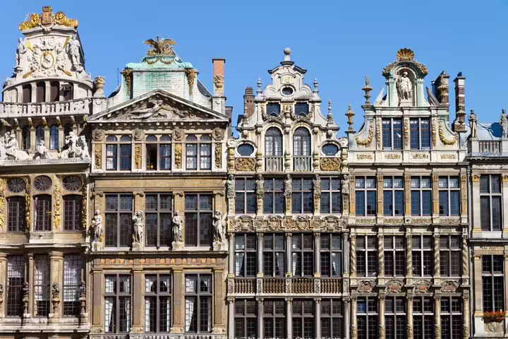 Ornate Baroque guild houses facades on Grand Place square in Brussels, Belgium
