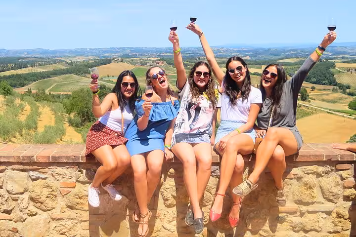 Group of friends enjoying wine with a scenic view of Tuscany's rolling hills on a sunny day.