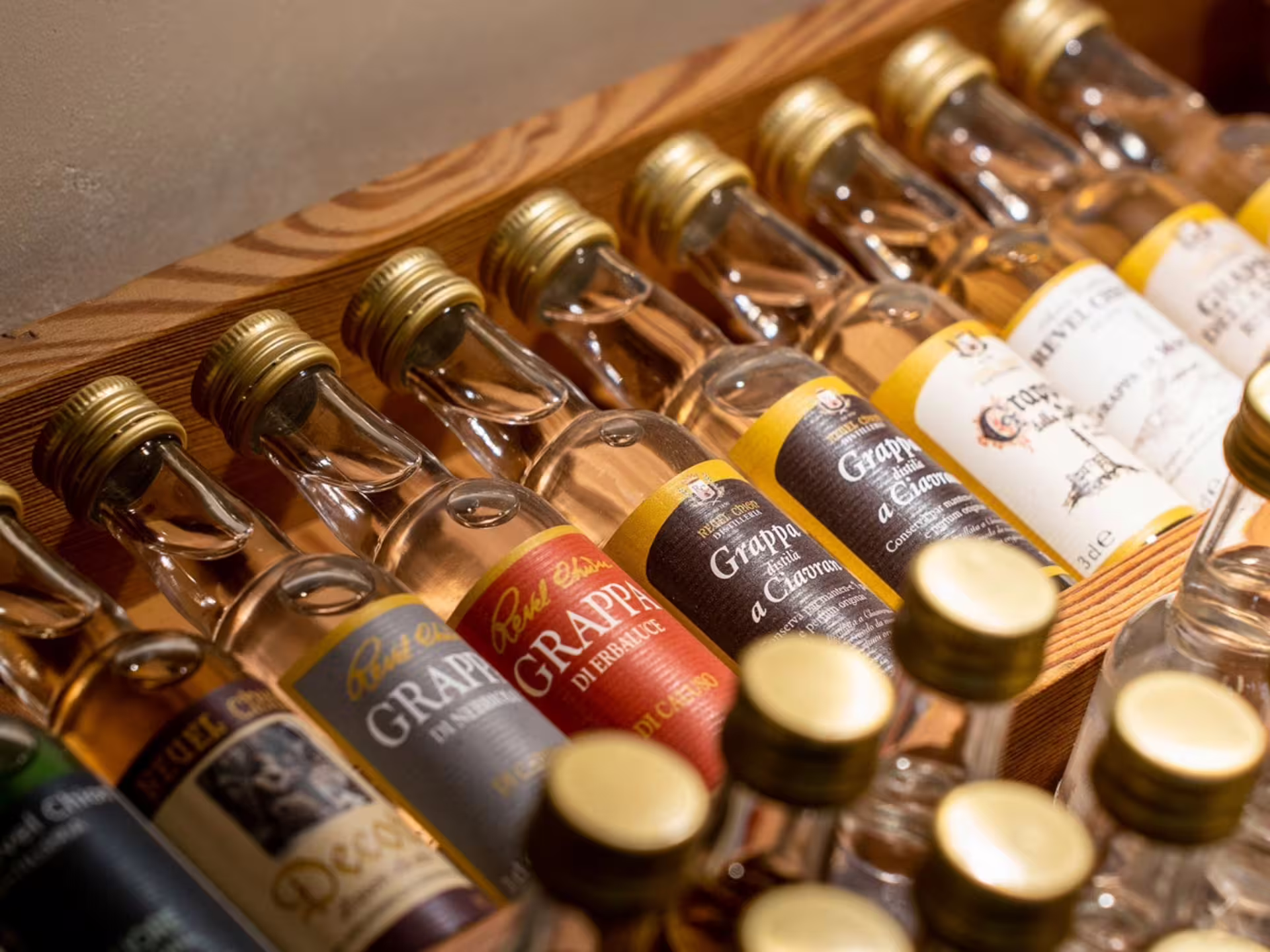 Assorted grappa bottles displayed at a distillery near Turin, perfect for a tasting tour experience.