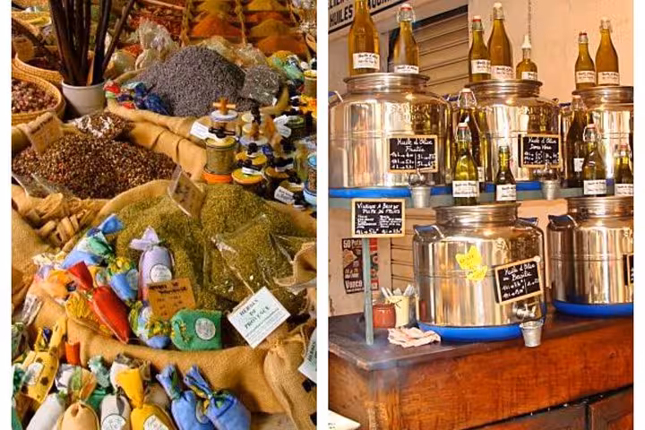Colorful spices and herbs at Grasse market alongside olive oil dispensers at Antibes shop, French Riviera