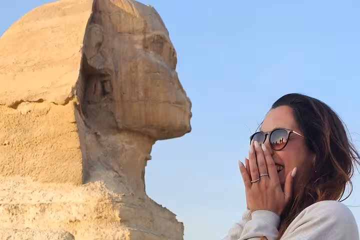 Close-up by the Great Sphinx of Giza on Cairo pyramids tour, iconic photo stop with Egypt guide
