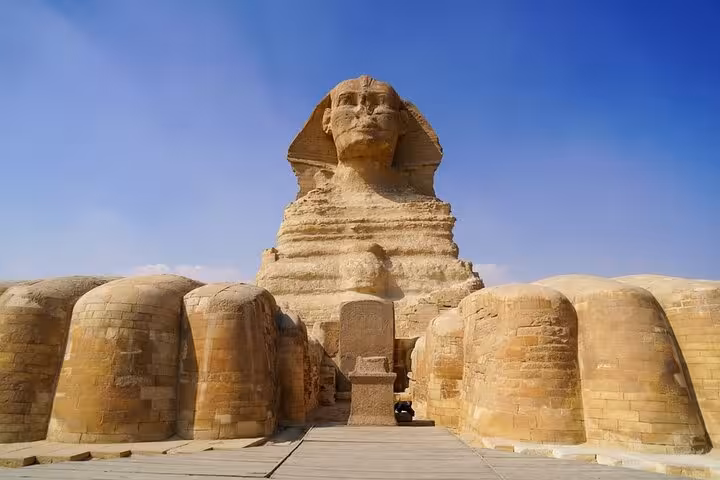 Front view of the Great Sphinx of Giza on a Hurghada to Cairo tour, iconic Egypt highlights and museum trip