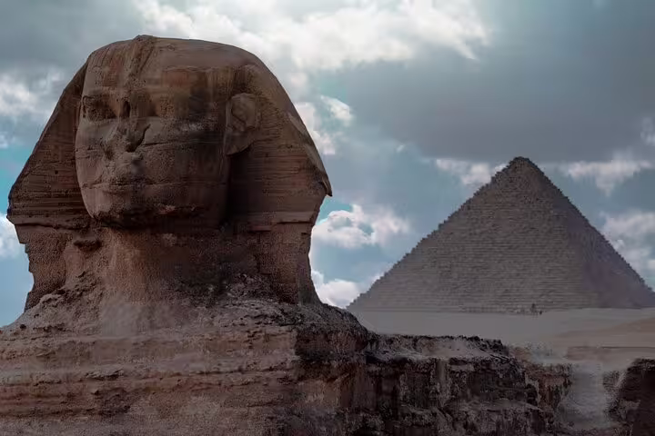 Great Sphinx with Giza Pyramid backdrop on private Cairo tour, no hidden costs, Egypt Pyramids day trip