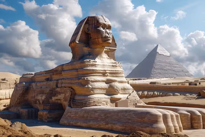 Great Sphinx with Giza Pyramid backdrop, iconic Cairo stop on Sharm El Sheikh day trip tour
