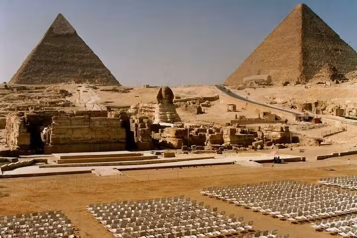 Panoramic view of the Great Sphinx and Giza Pyramids plateau, Cairo, on Giza Pyramids & Egyptian Museum tour