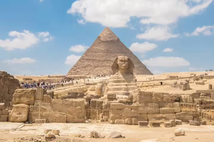 Great Sphinx and Pyramid of Khafre at Giza Plateau, key stop on Royal Expedition to Giza Pyramids tour