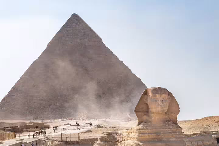 Great Sphinx and Pyramid of Khafre at Giza Plateau, iconic highlights on Cairo day tour to Giza Pyramids