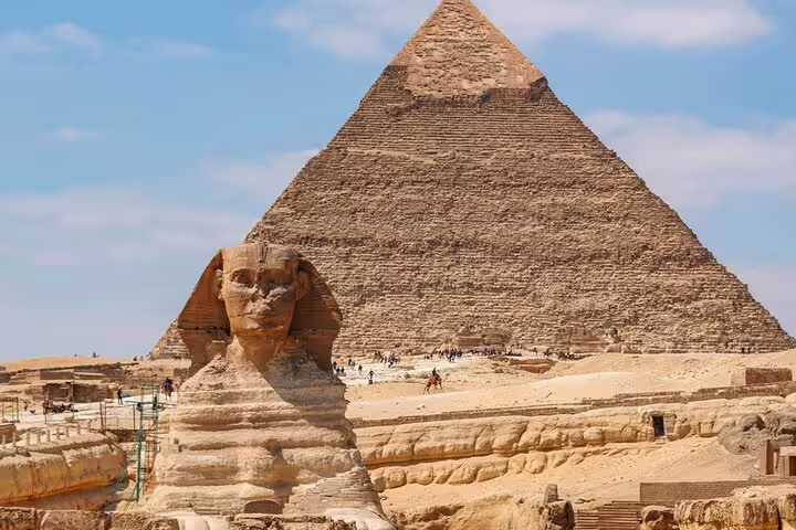 Great Sphinx with Pyramid of Khafre on private guided tour from Cairo airport or hotel pickup at Giza