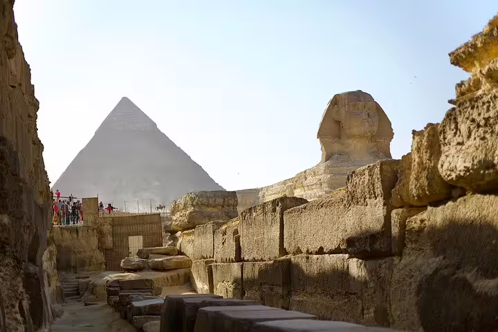 Great Sphinx and Pyramid of Khafre viewed from Giza ruins on private tour with no hidden costs, Cairo