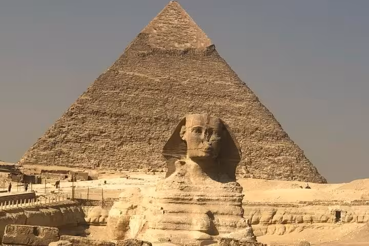 Great Sphinx with the Great Pyramid of Khufu behind it on a private Giza Pyramids tour in Cairo, Egypt