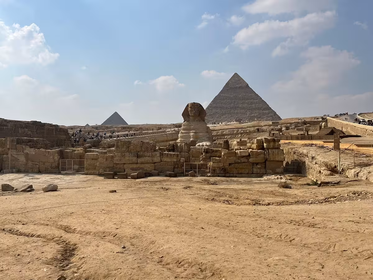 Great Sphinx and Pyramids of Giza viewpoint on Cairo private tour to Memphis and Saqqara with lunch