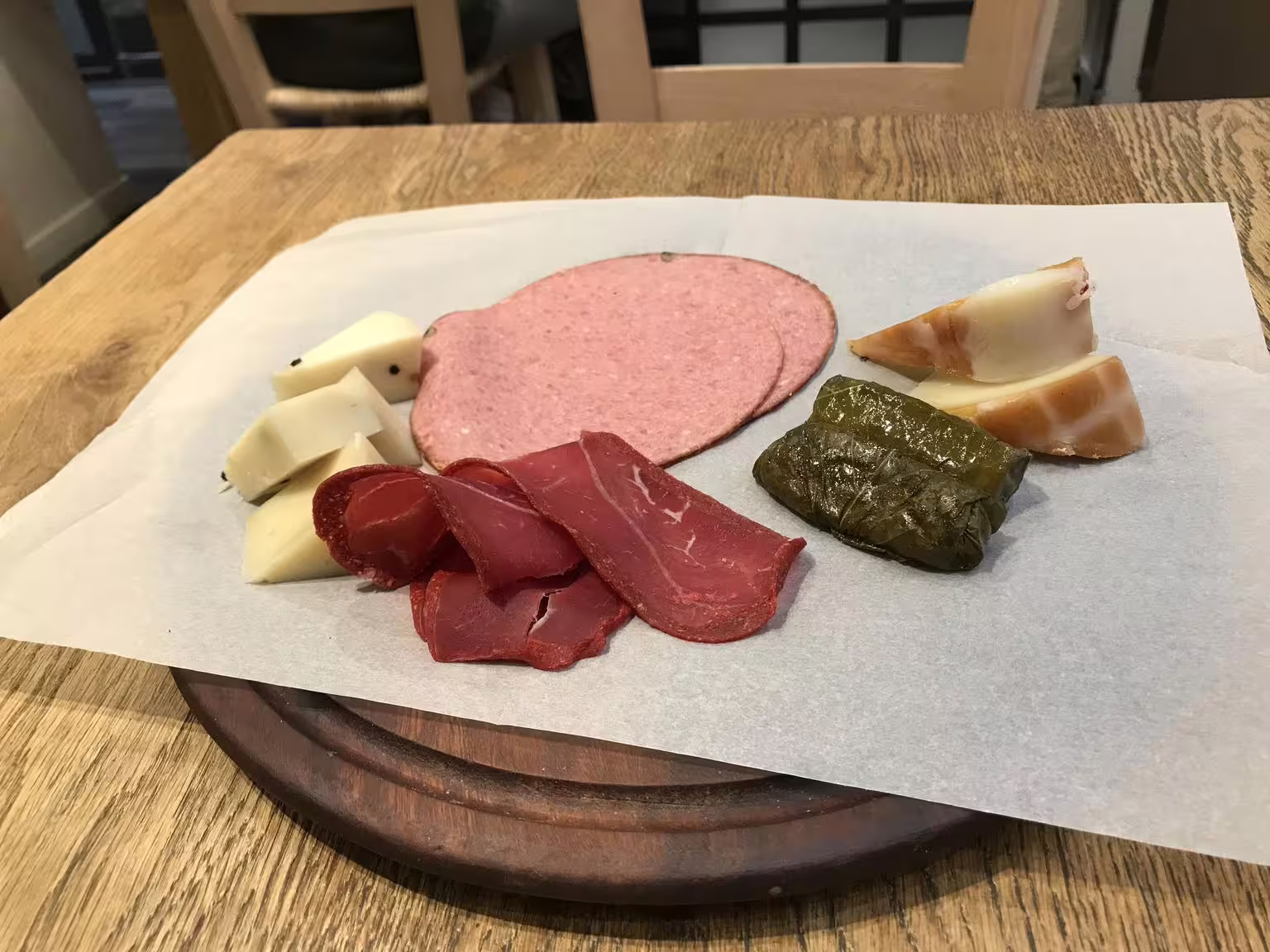 Greek meze tasting platter with cured meats, local cheese and dolma on a gourmet food walking tour Athens