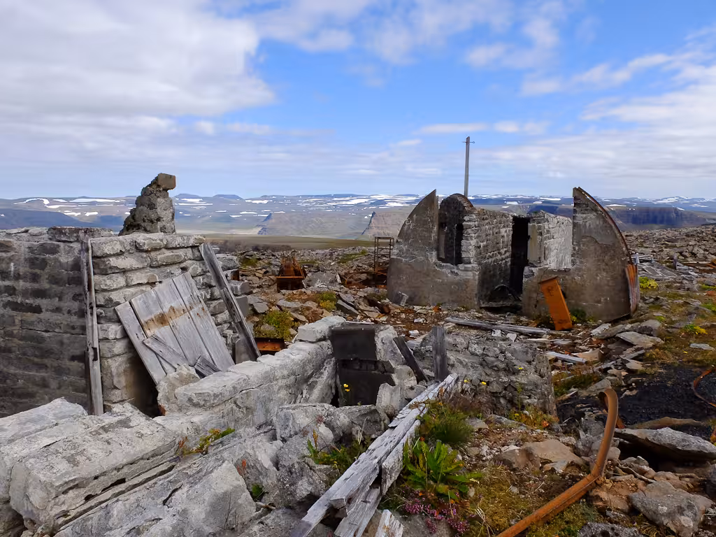 Abandoned stone ruins in Hornstrandir Nature Reserve, Westfjords Iceland, on the Green Cliffs hiking tour