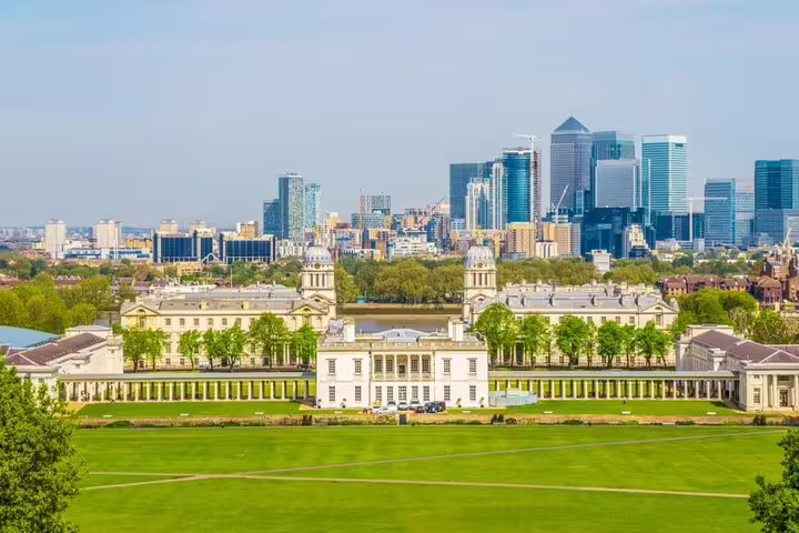 Panoramic view of Greenwich with the Old Royal Naval College and Canary Wharf skyline in London