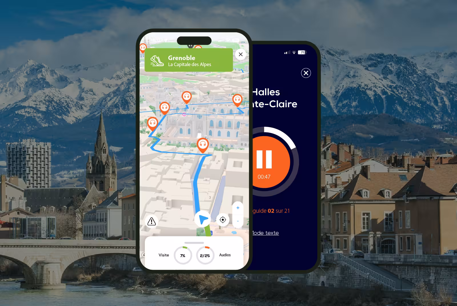 Grenoble audioguide mobile application interface on smartphone with the mountains in the background.