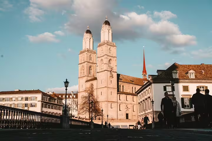 Grossmünster cathedral twin towers in Zurich old town on sunny day