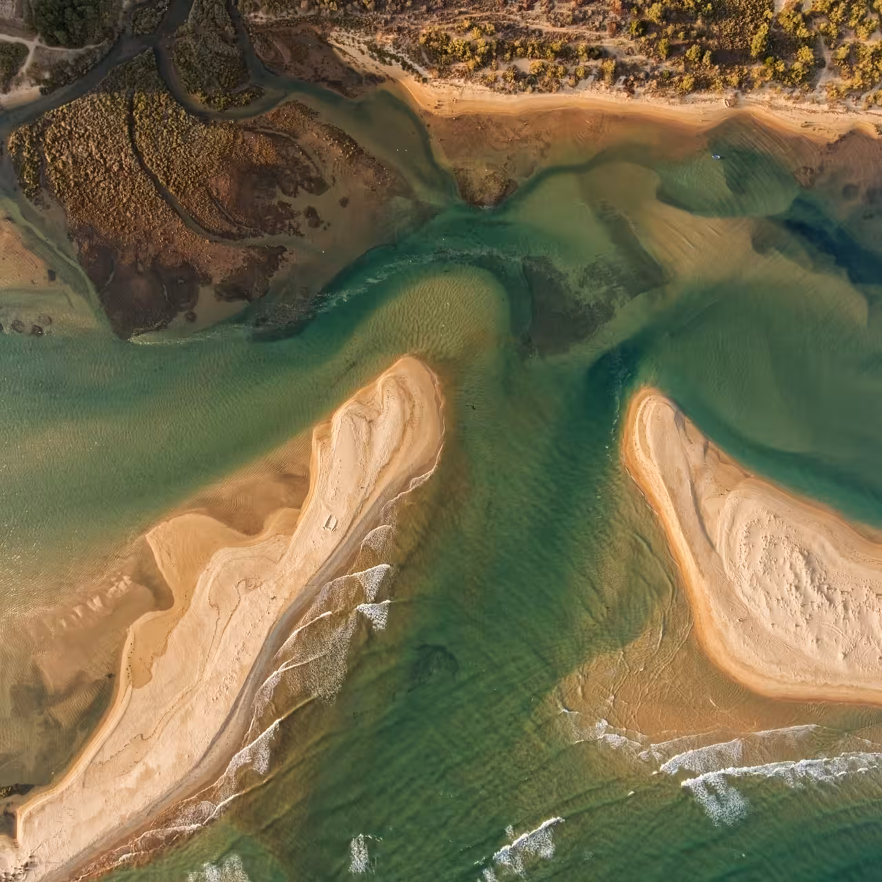 Aerial view of turquoise tidal channels and sandbars by the coast, scenic stop on a group cruise tour