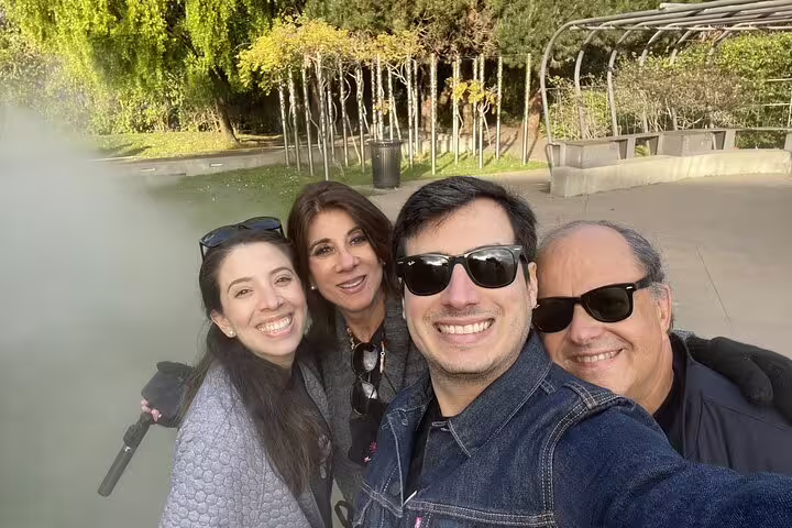 Group of four smiling friends taking a selfie outdoors in a park setting