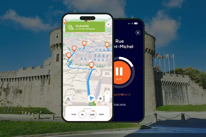Smartphone showing GPS audio guide app with 3D map of Guérande walled city self-guided walking tour