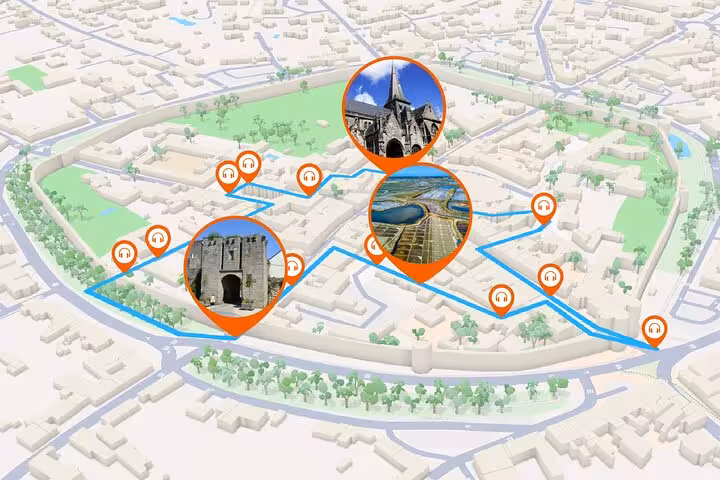 3D map of Guerande self-guided walking tour route with GPS audio guide pins marking historic landmarks