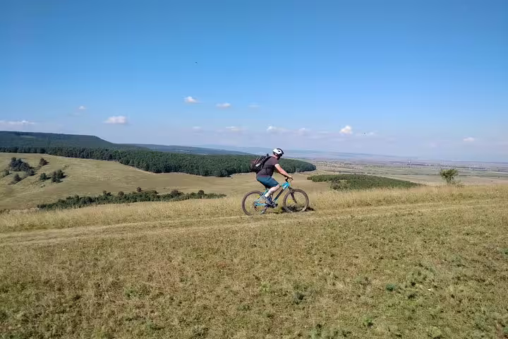 Cyclist riding a blue mountain bike across rolling grassy hills in Transylvania with forest and plains in background
